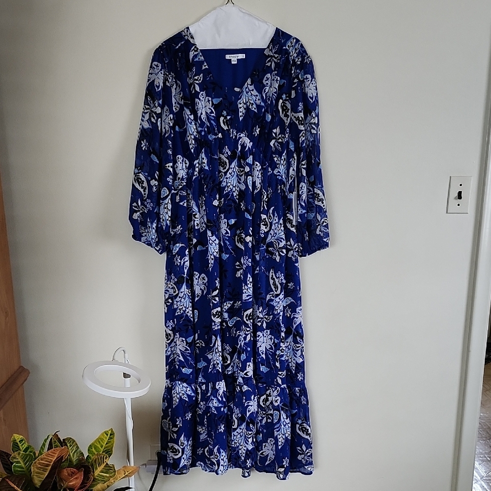 Chico's Blue White Floral Maxi Dress Long Sleeve Dress Womens XL Chicos Sz 3